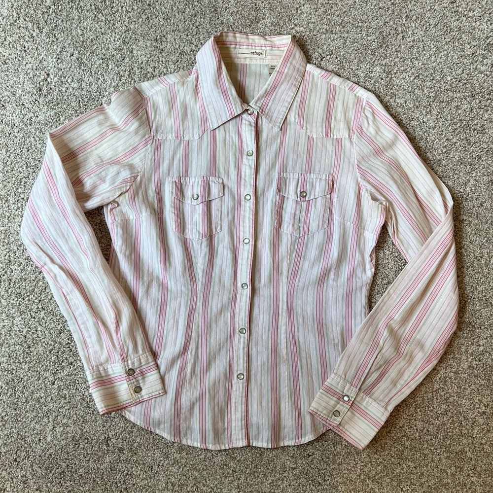 Long sleeve collared button down with pink and green stripes
